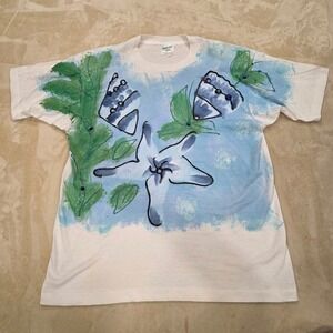 Vintage 90s India Ink Hand Painted Ocean Graphic Tee W/ Shoulder Pads One Size
